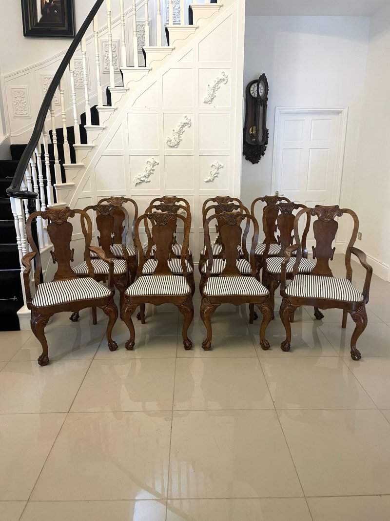Outstanding Quality Set of 12 Antique Victorian Burr Walnut Dining Chairs - Image 4